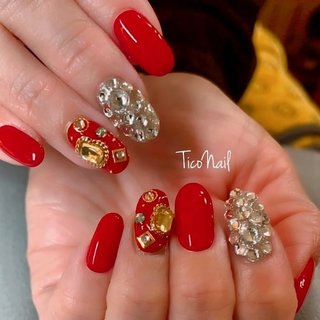 人気順 レッド 赤 ストーン盛りネイルのネイルデザイン ネイルブック