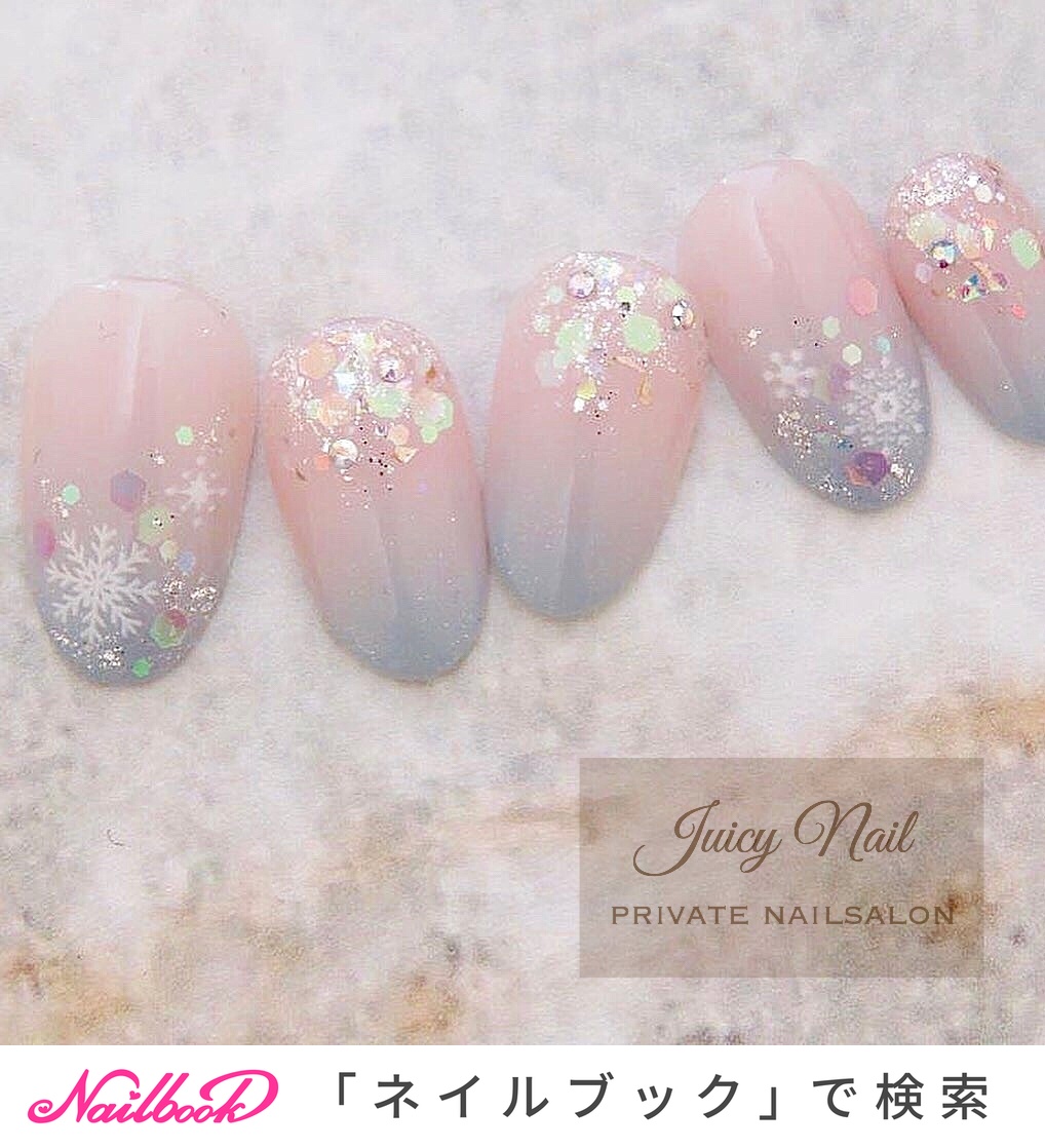 オーダーネイルチップ No.16 冬 雪 ピンクハート ニット 冬/ハンド/雪の結晶/ピンク/水色 - Juicy Nailのネイルデザイン[No