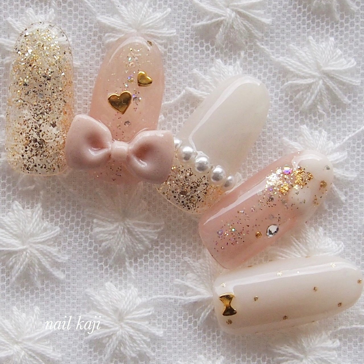 Rily様❁フルオーダー　リボンデザイン ネイルチップ 4点セット Rily様❁フルオーダー リボンデザイン ネイルチップ 4点セット
