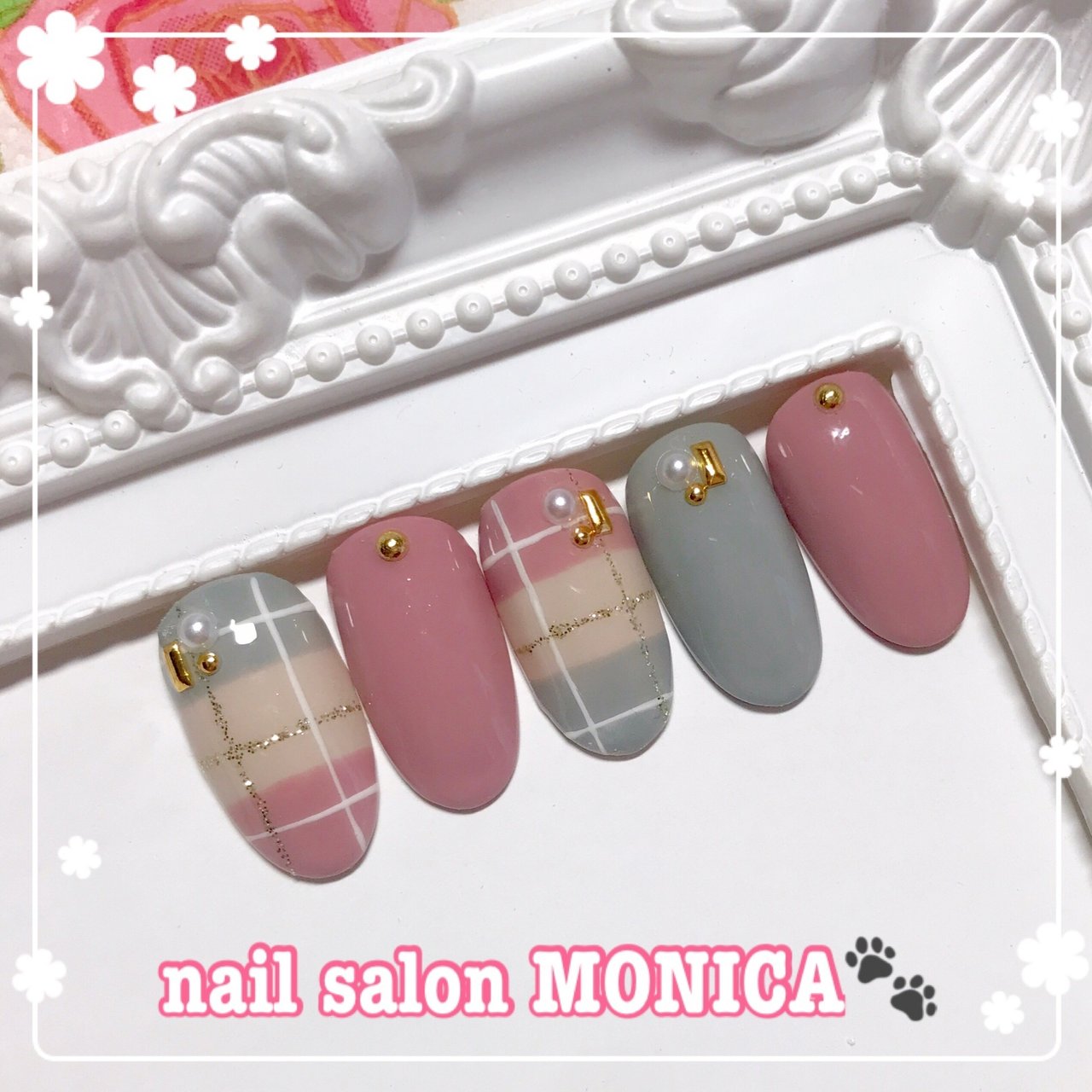 冬 ハンド チェック ピンク グレー Nail Salon Monica のネイルデザイン No ネイルブック