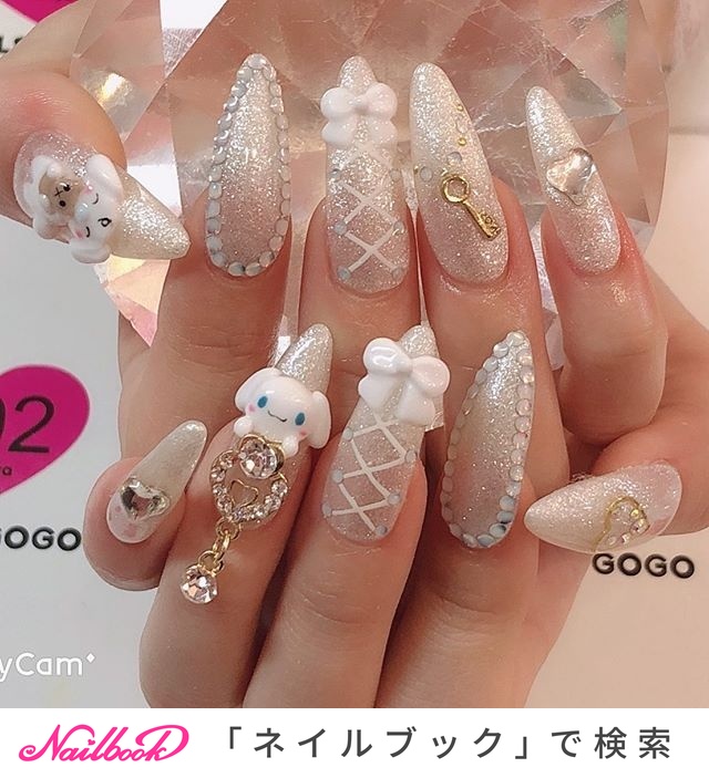 キャラクター/3D/ロング/ホワイト/スカルプチュア - NAILSGOGO shibuya