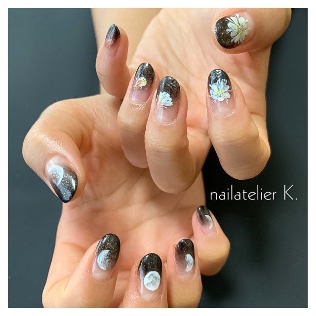 ハンド シンプル グラデーション フラワー ブラック Nailatelier Kのネイルデザイン No ネイルブック