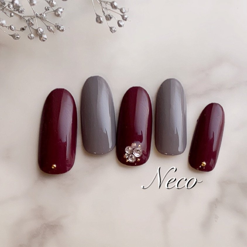 ハンド ワンカラー ボルドー グレー ジェル Nail Salon Necoのネイルデザイン No ネイルブック