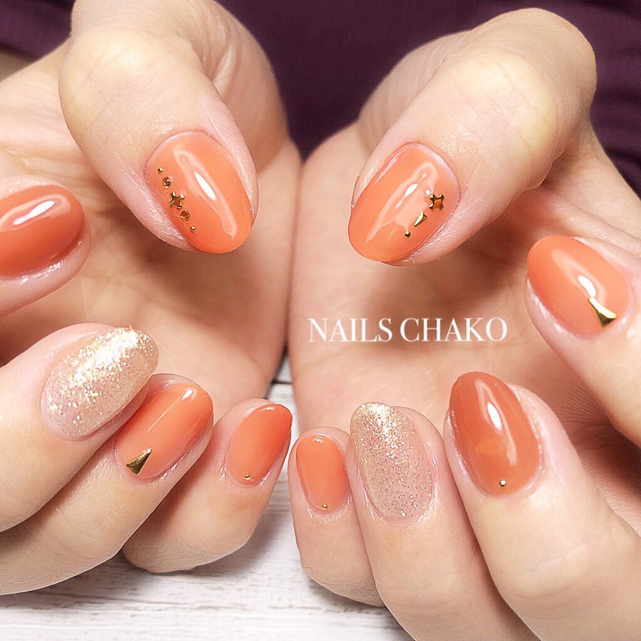 春 ハンド シンプル オレンジ ゴールド Nails Chakoのネイルデザイン No ネイルブック