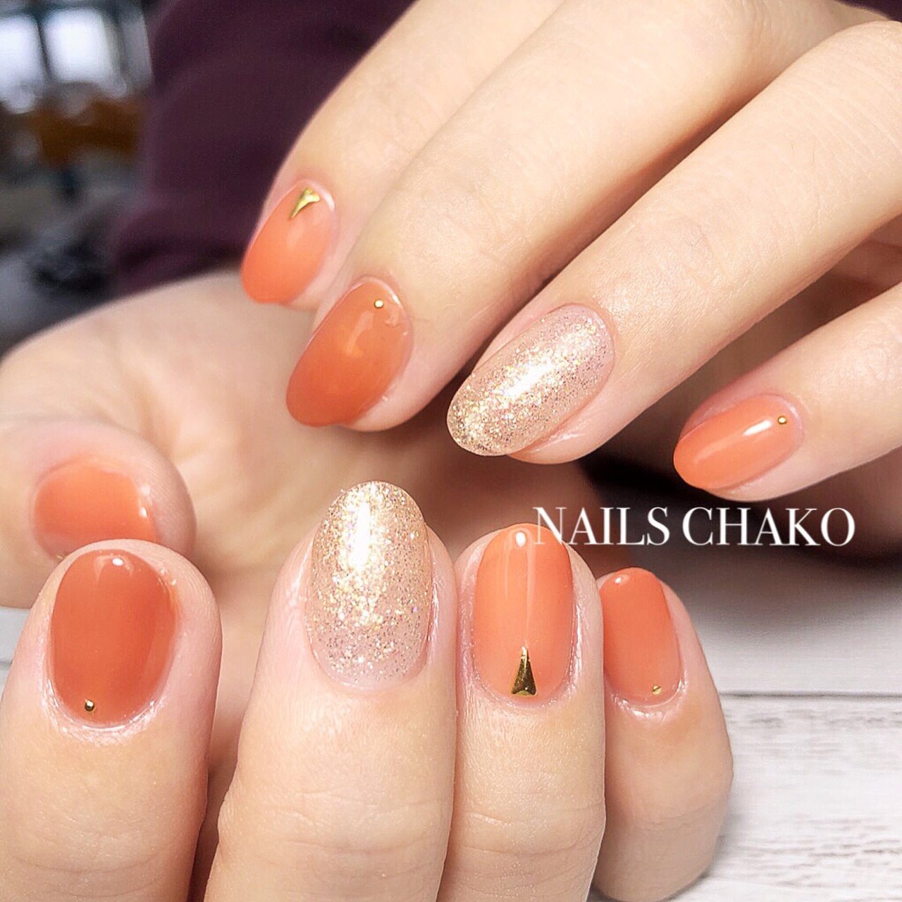 春 ハンド シンプル オレンジ ゴールド Nails Chakoのネイルデザイン No ネイルブック