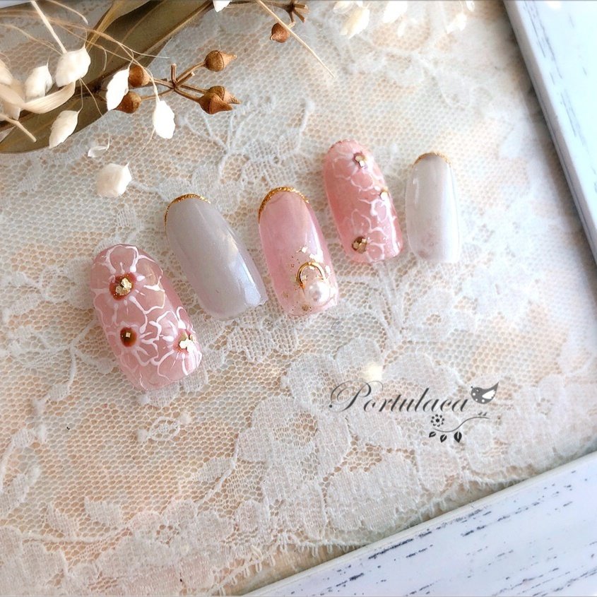 フラワー シースルー ピンク グレー 愛能知加子 Portulacaのネイルデザイン No ネイルブック