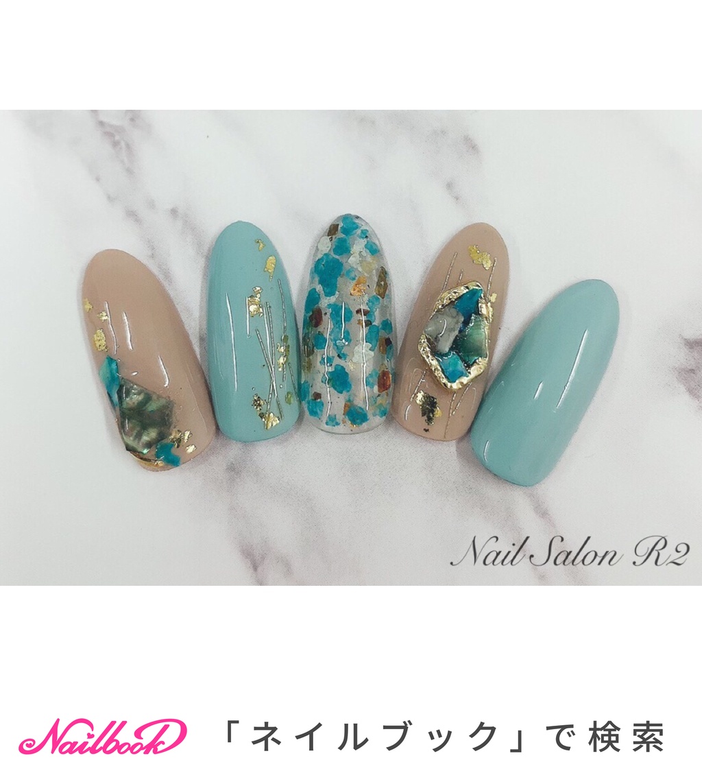 ワンカラー シェル 大理石 ターコイズ 水色 Nail Salon R2のネイルデザイン No ネイルブック