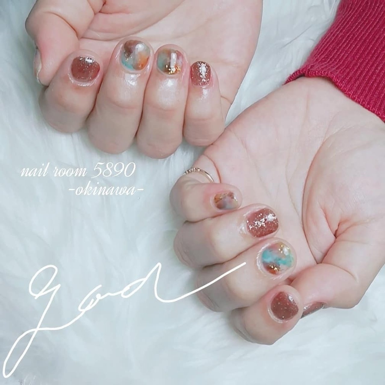 オールシーズン ハンド 大理石 ショート ターコイズ 宇久 梢のネイルデザイン No ネイルブック