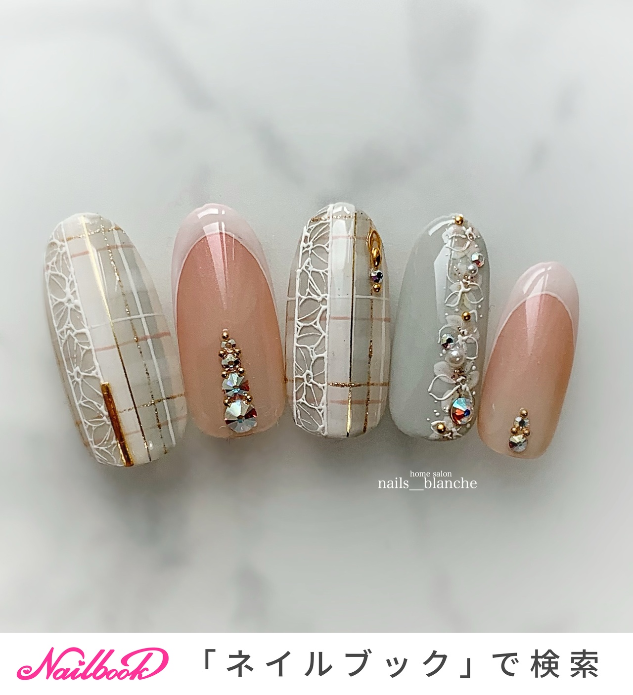 春 ハンド フラワー チェック グリーン Nails Blanche Yukaのネイルデザイン No ネイルブック