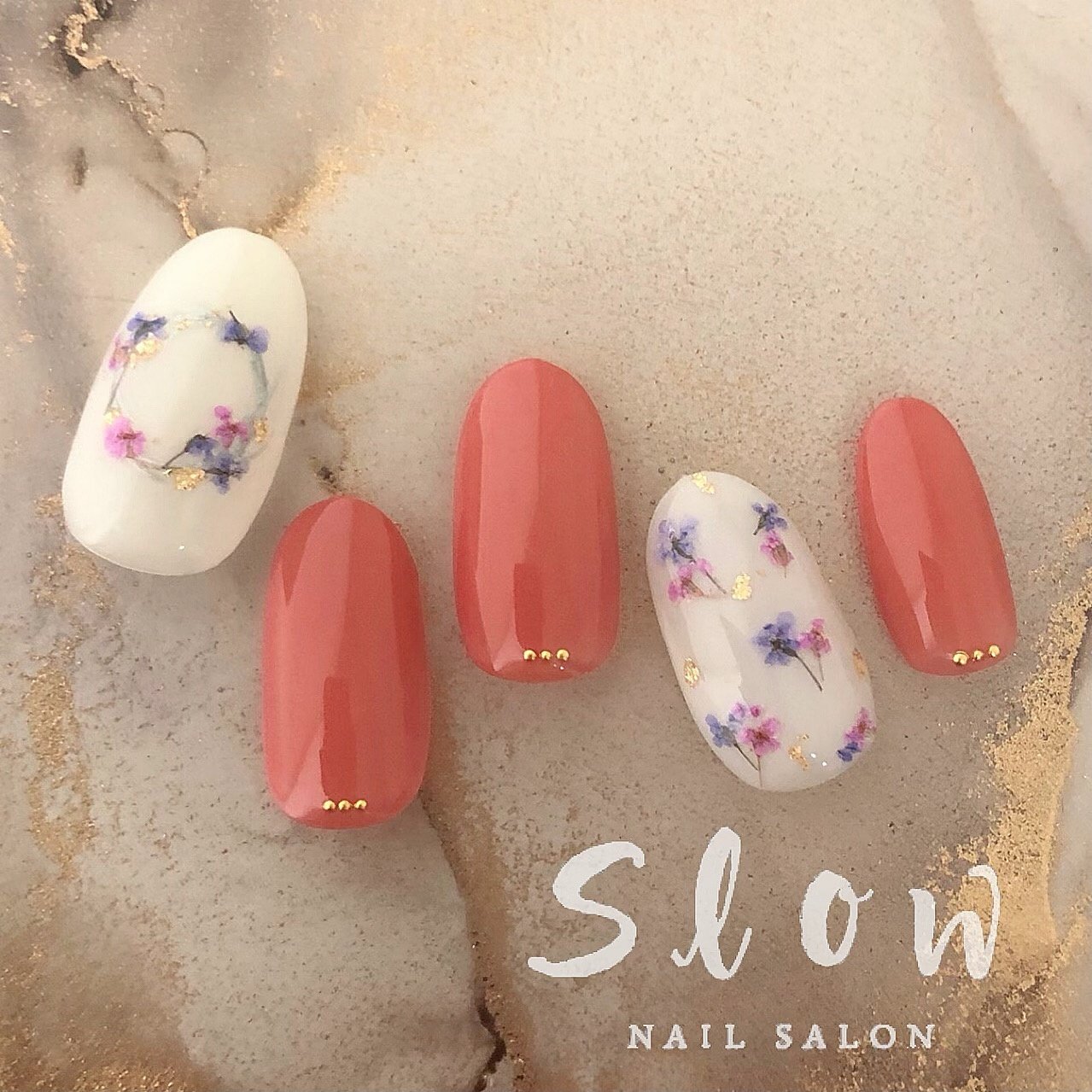 春 シンプル フラワー 押し花 ピンク Nail Salon Slowのネイルデザイン No ネイルブック