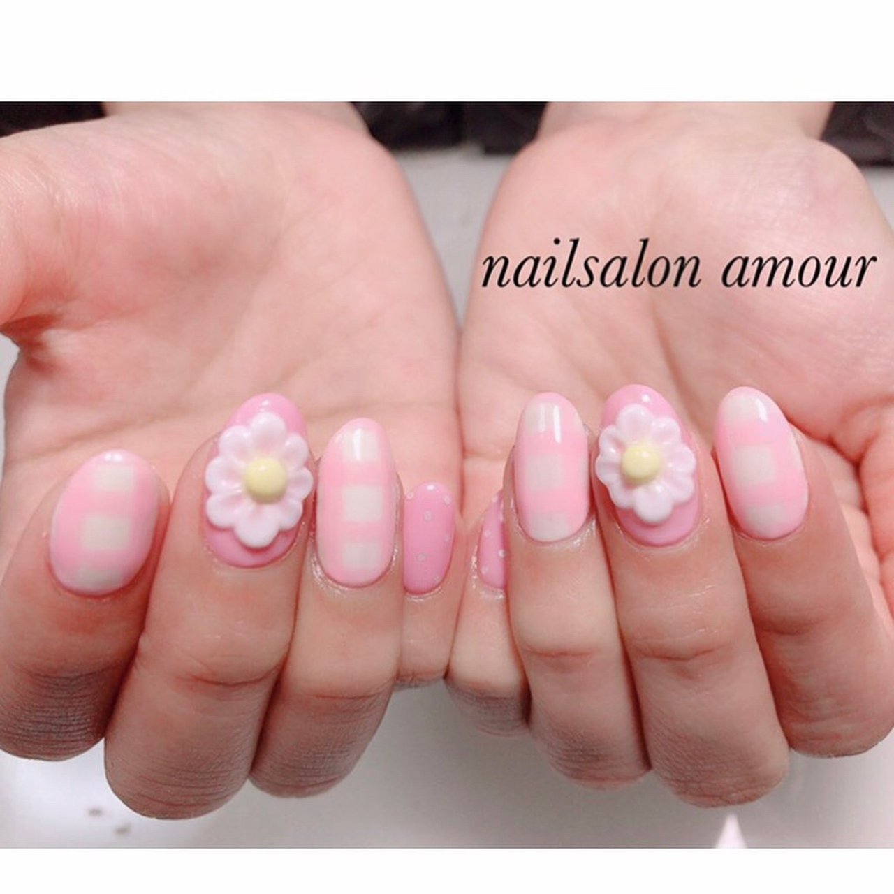 春 夏 ハンド フラワー チェック Nailsalon Amourのネイルデザイン No ネイルブック