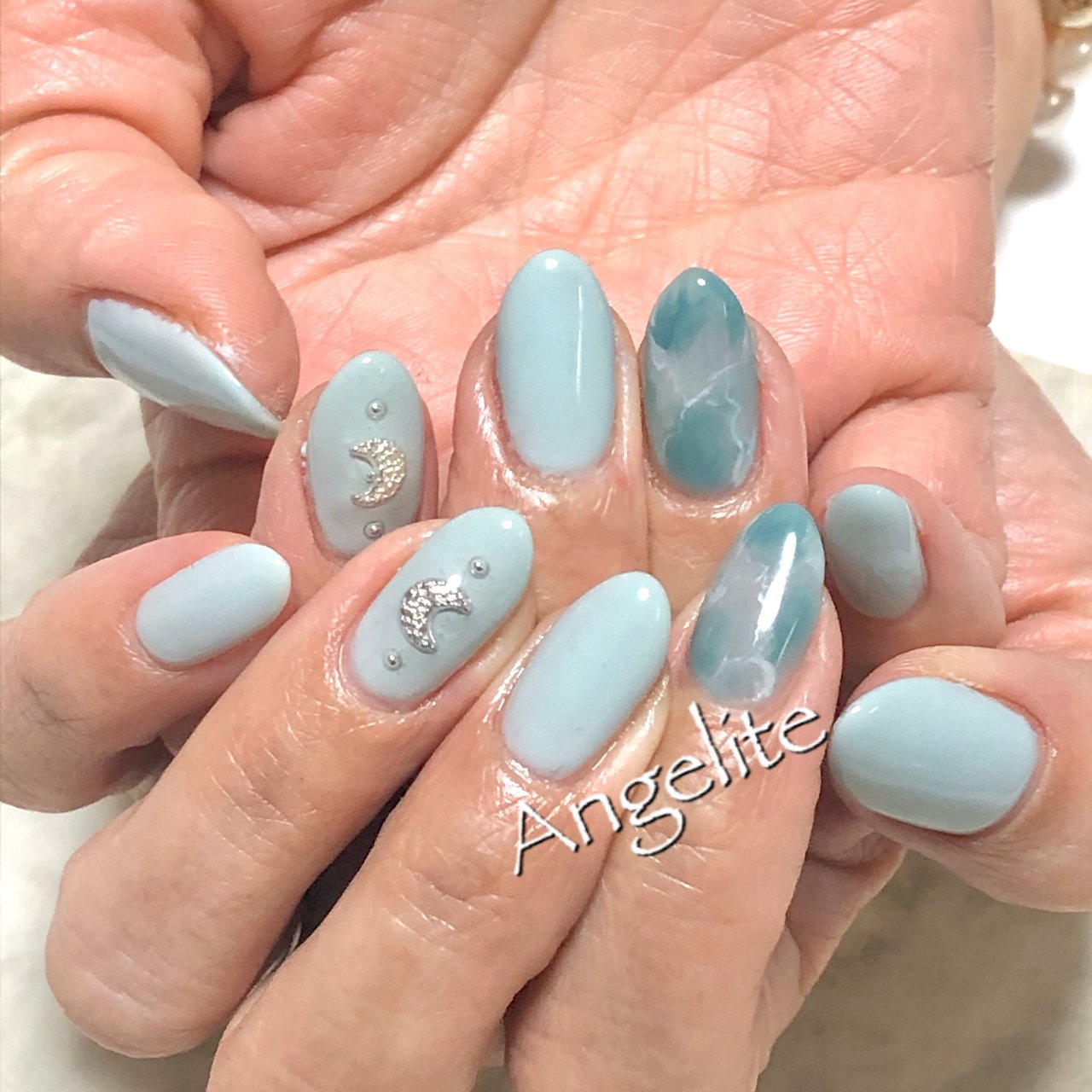 春 夏 ハンド ワンカラー 大理石 Angeliteのネイルデザイン No ネイルブック