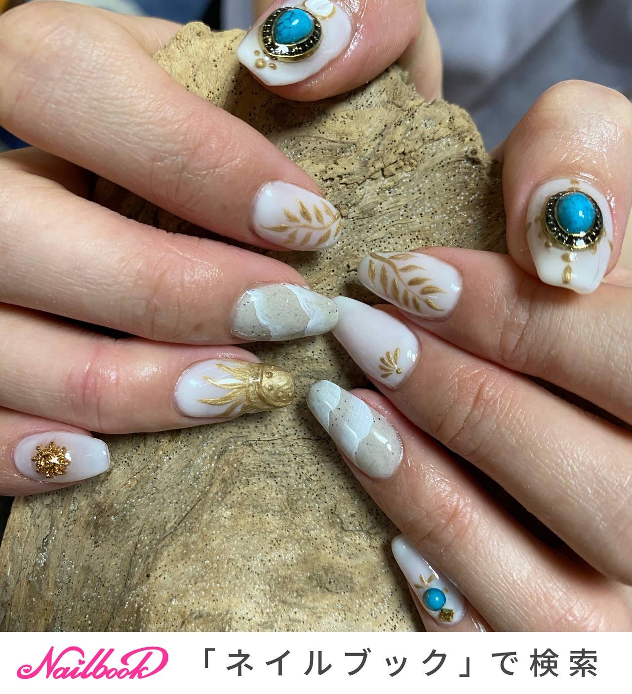 ハンド/ミディアム/ホワイト/ゴールド/ジェルネイル - Yumi Suzukiの