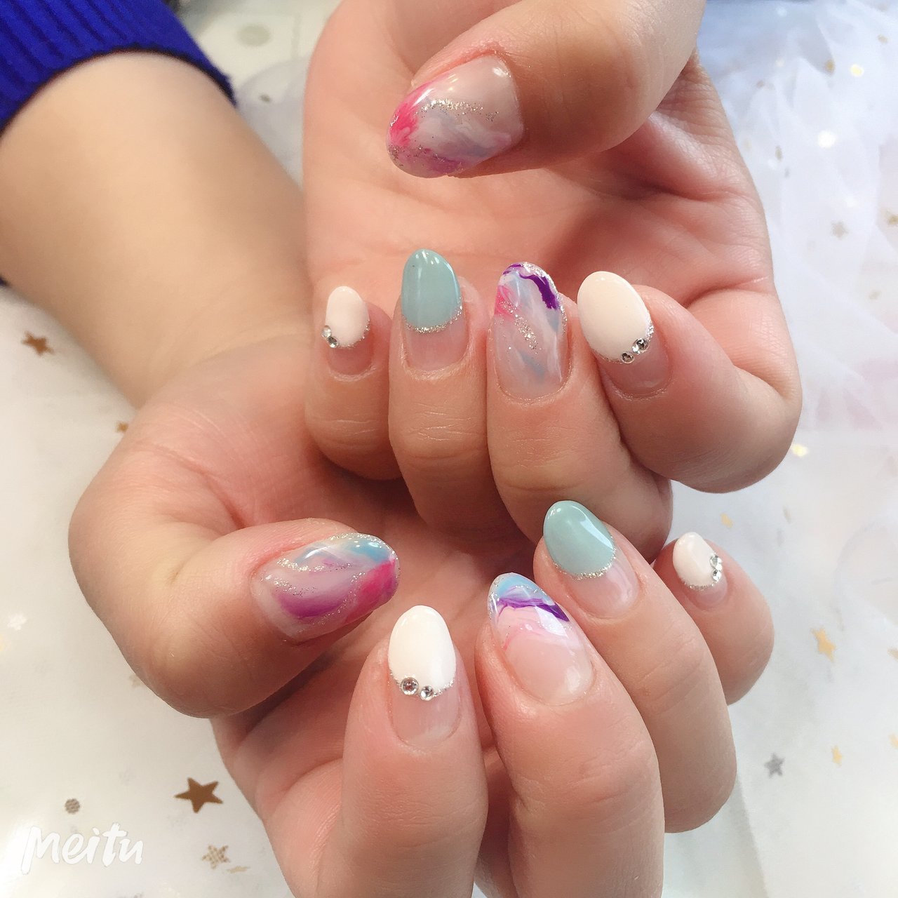 変形フレンチ ラメ マーブル ミディアム ピンク パンダ Nail 川崎のネイルデザイン No ネイルブック