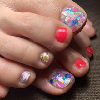 フット ホワイト ショッキングピンクのネイルデザイン ネイルブック