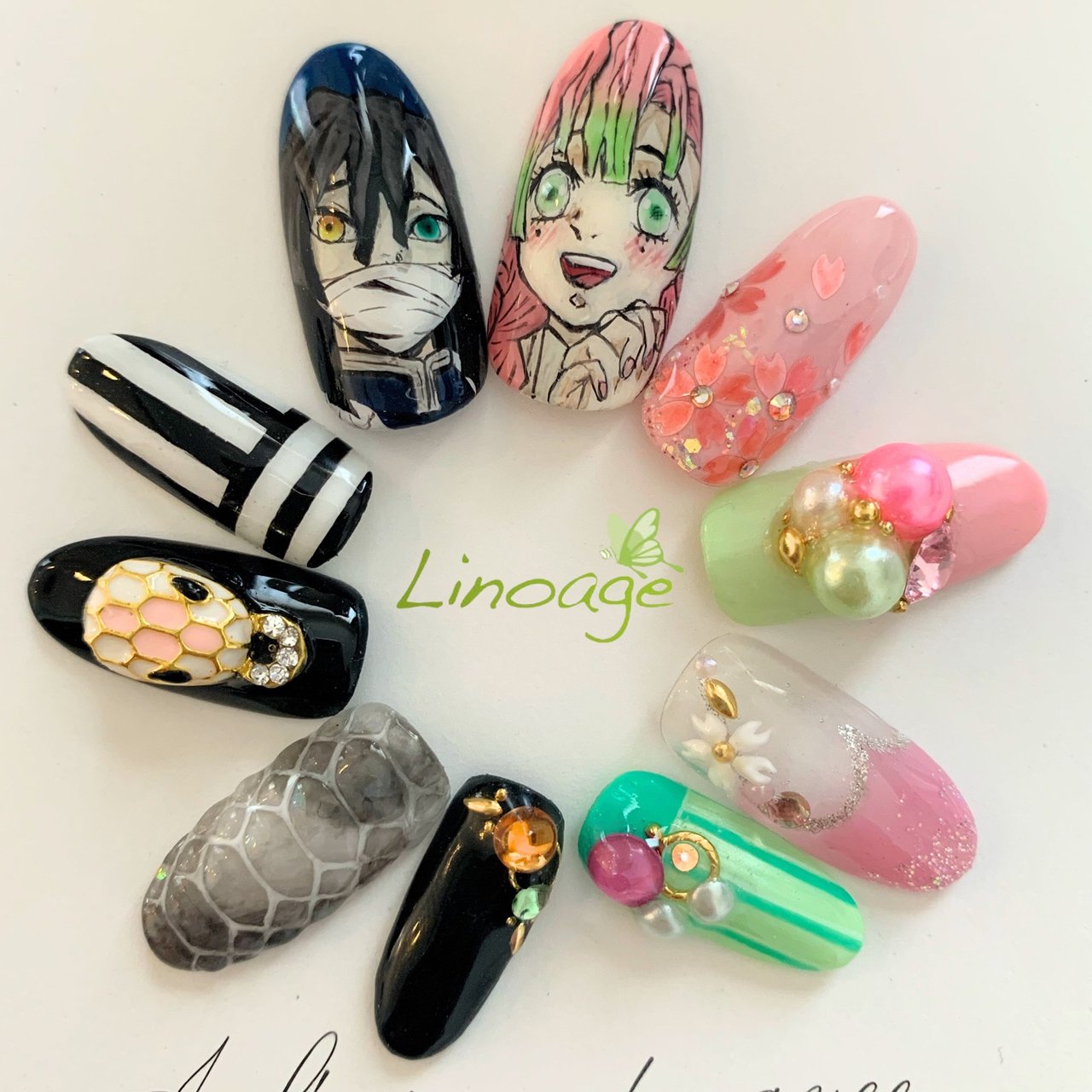 伊黒小芭内と甘露寺蜜璃ネイルパーツ オールシーズン/ハンド/痛ネイル/ミディアム/ピンク - linoのネイル