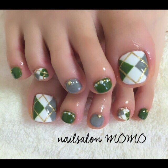 秋 フット アーガイル グリーン ジェル Nailsalonmomoのネイルデザイン No ネイルブック