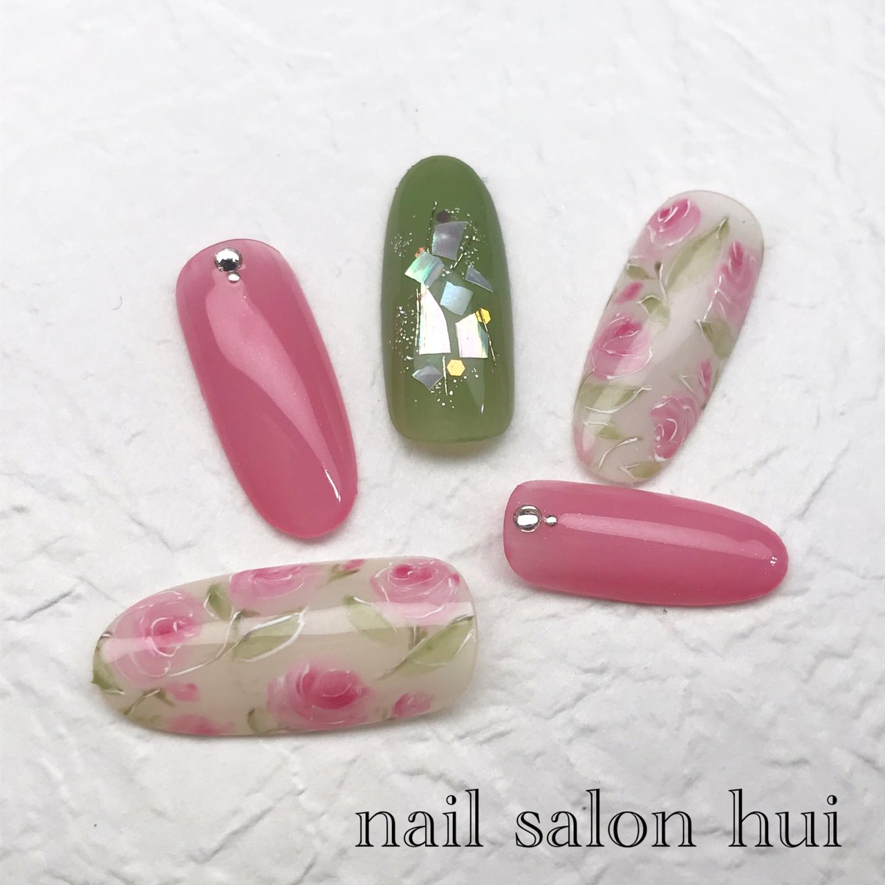 春 ハンド フラワー ピンク グリーン Nailsalon Huiのネイルデザイン No 5237774 ネイルブック