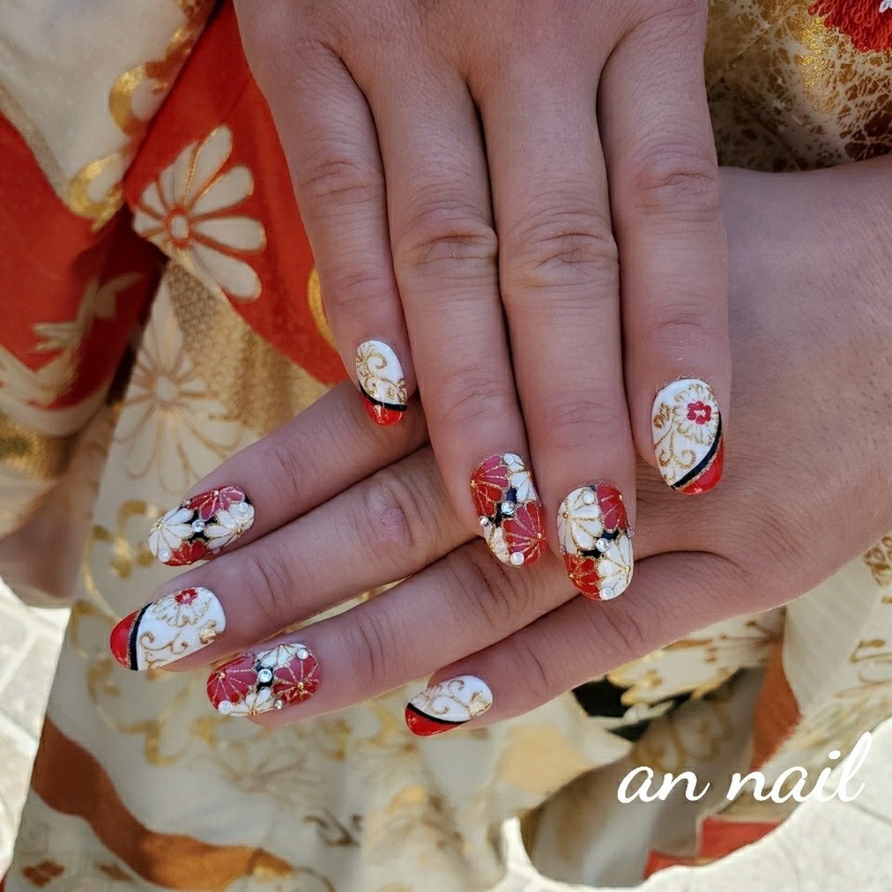 ブライダル 和柄 ホワイト レッド ブラック An Nailのネイルデザイン No ネイルブック