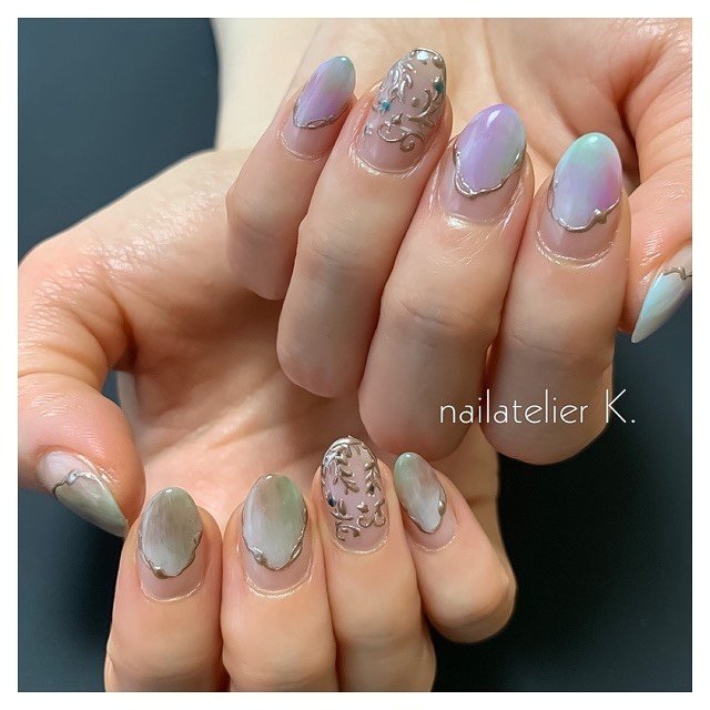 ハンド 変形フレンチ アンティーク ニュアンス 水色 Nailatelier Kのネイルデザイン No ネイルブック