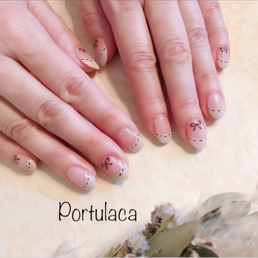 フレンチ リボン ピンク ブラウン スモーキー 愛能知加子 Portulacaのネイルデザイン No ネイルブック