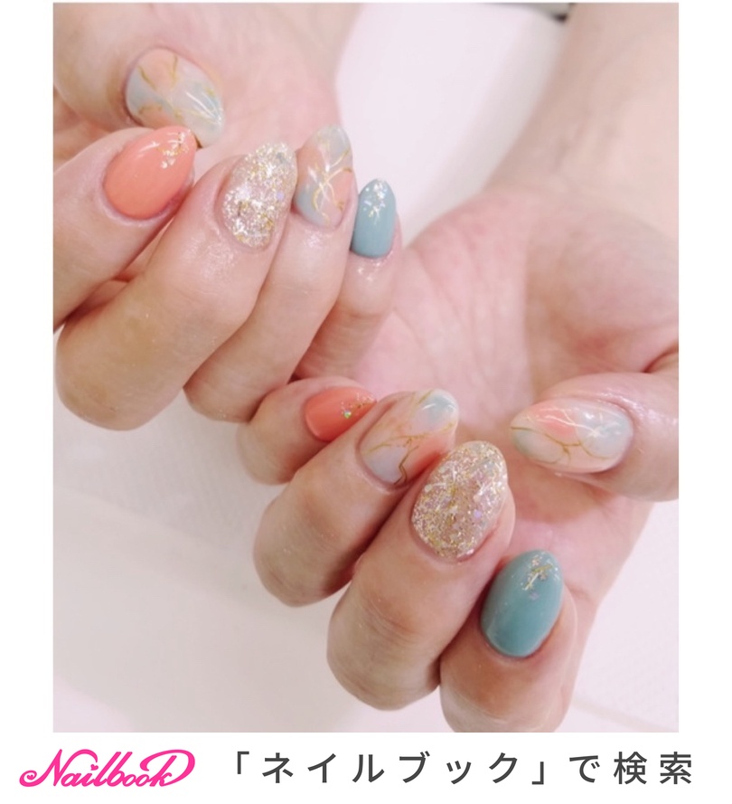 21年 新着順 オレンジ 水色 コーラルピンクのネイルデザイン ネイルブック
