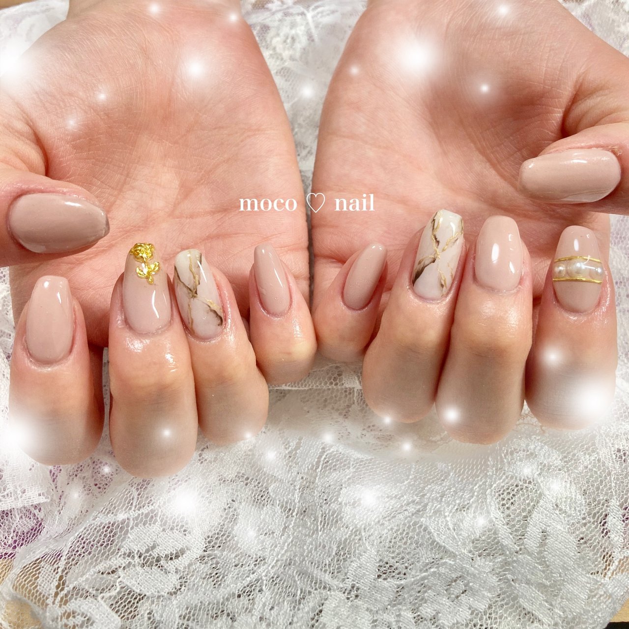 パール 大理石 ミディアム ベージュ ピンク Moco Nailのネイルデザイン No ネイルブック