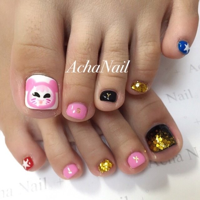 夏 フット 痛ネイル ショート ピンク Achanail 池袋ネイルサロンのネイルデザイン No ネイルブック