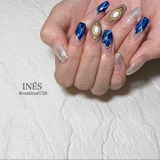  #夏 #梅雨 #海 #リゾート #グラデーション #ラメ #大理石 #ホイル #ミラー #ターコイズ #ネイビー #シルバー #【 salon de INÉS 】MAKI #ネイルブック