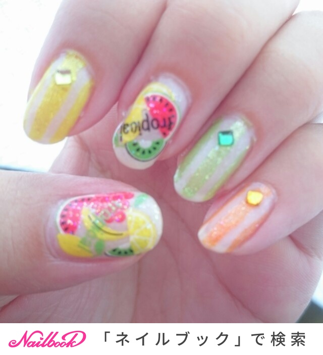 ハンド ラメ ストライプ トロピカル フルーツ Aya0406のネイルデザイン No ネイルブック