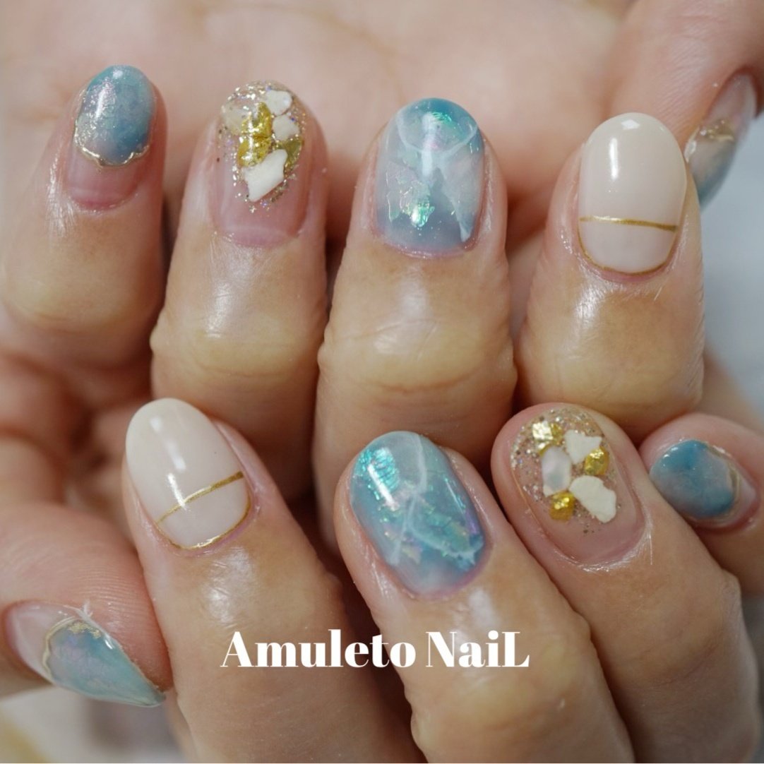 オールシーズン ハンド ターコイズ 水色 ジェル Amuleto Nailのネイルデザイン No ネイルブック