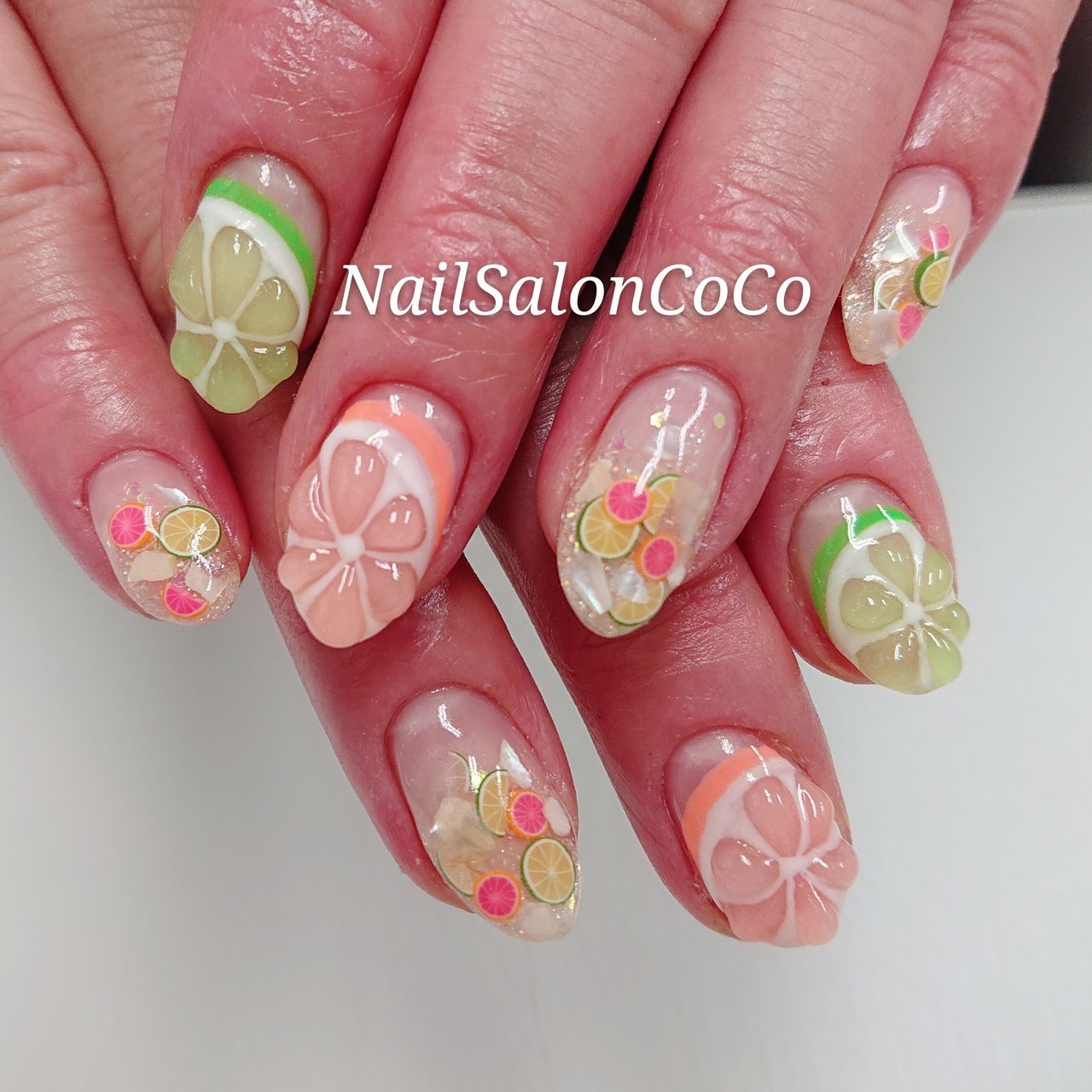 夏 ハンド フルーツ ピンク グリーン Nailsaloncocoのネイルデザイン No ネイルブック