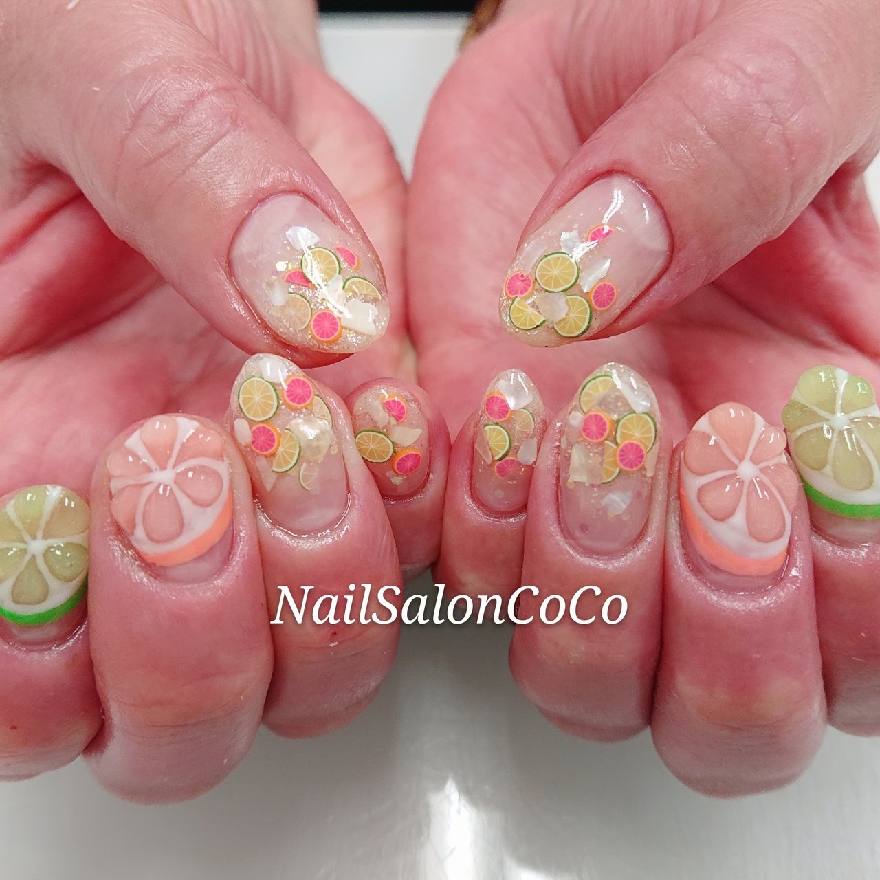 夏 ハンド フルーツ ピンク グリーン Nailsaloncocoのネイルデザイン No ネイルブック