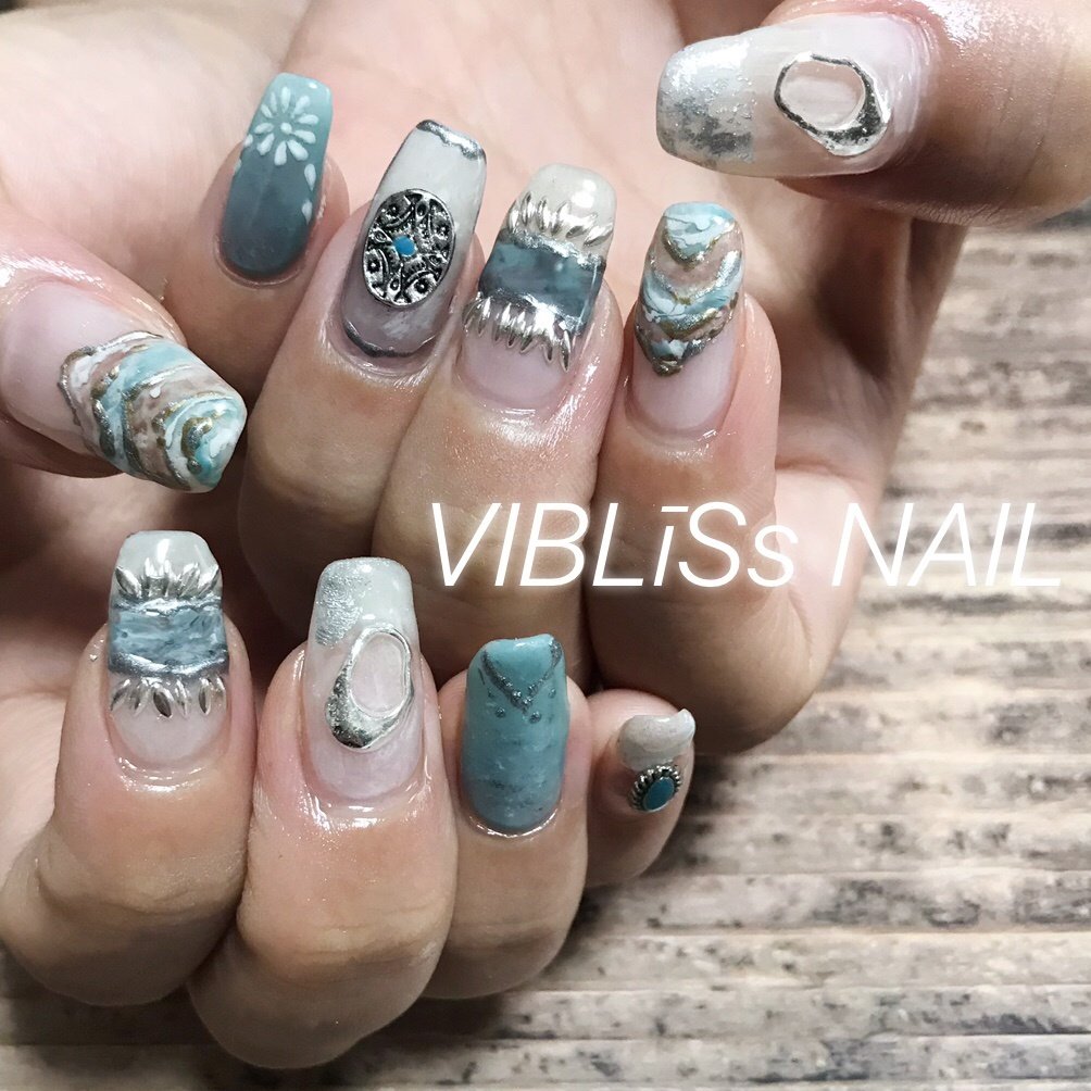 夏 ハンド ロング ターコイズ 水色 Vibliss Nail のネイルデザイン No ネイルブック