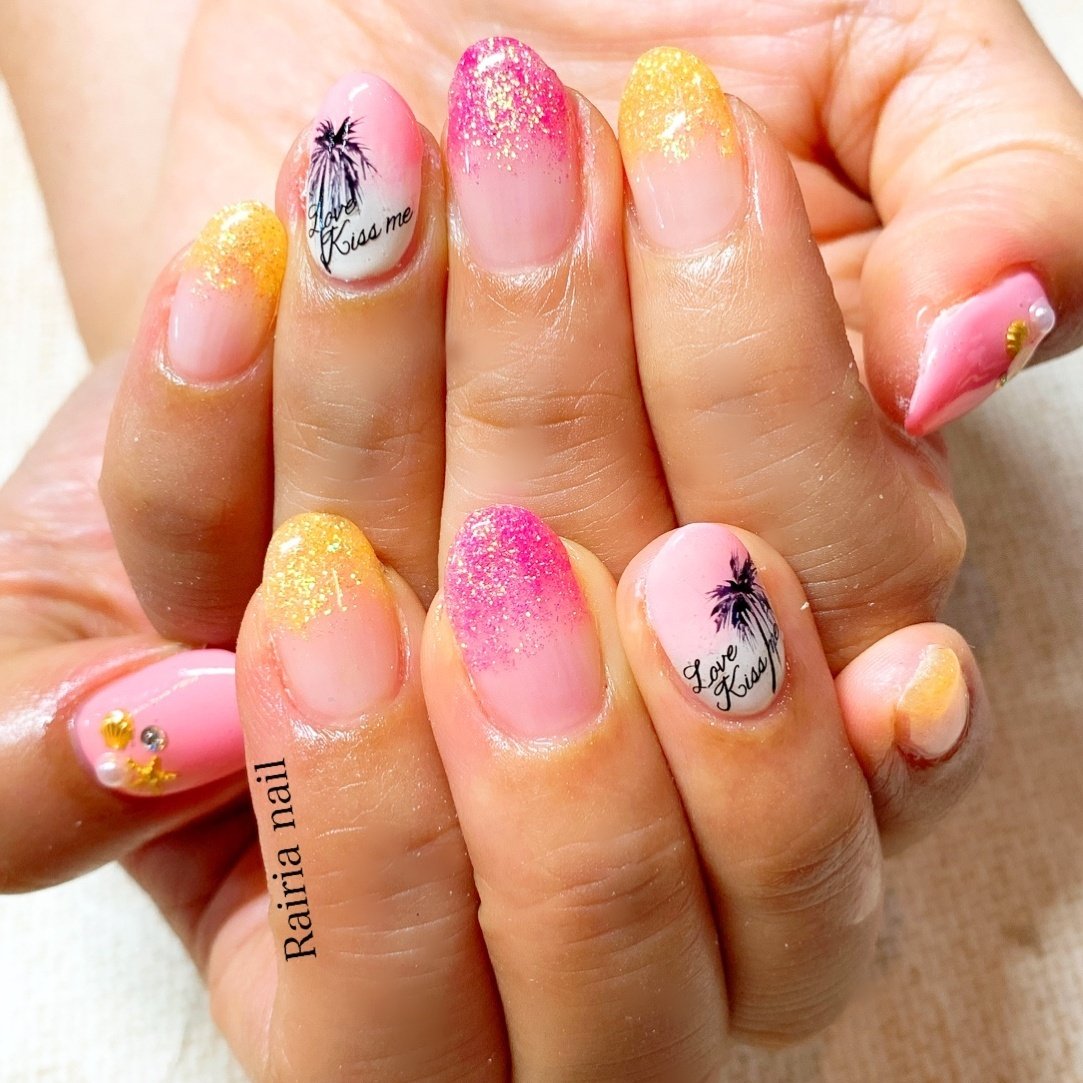 夏 ハンド トロピカル ミディアム ピンク Rairia Nailのネイルデザイン No ネイルブック