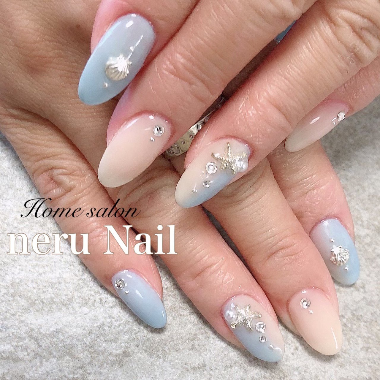夏/ハンド/ベージュ/水色 - YUKARI【neru Nail】のネイル
