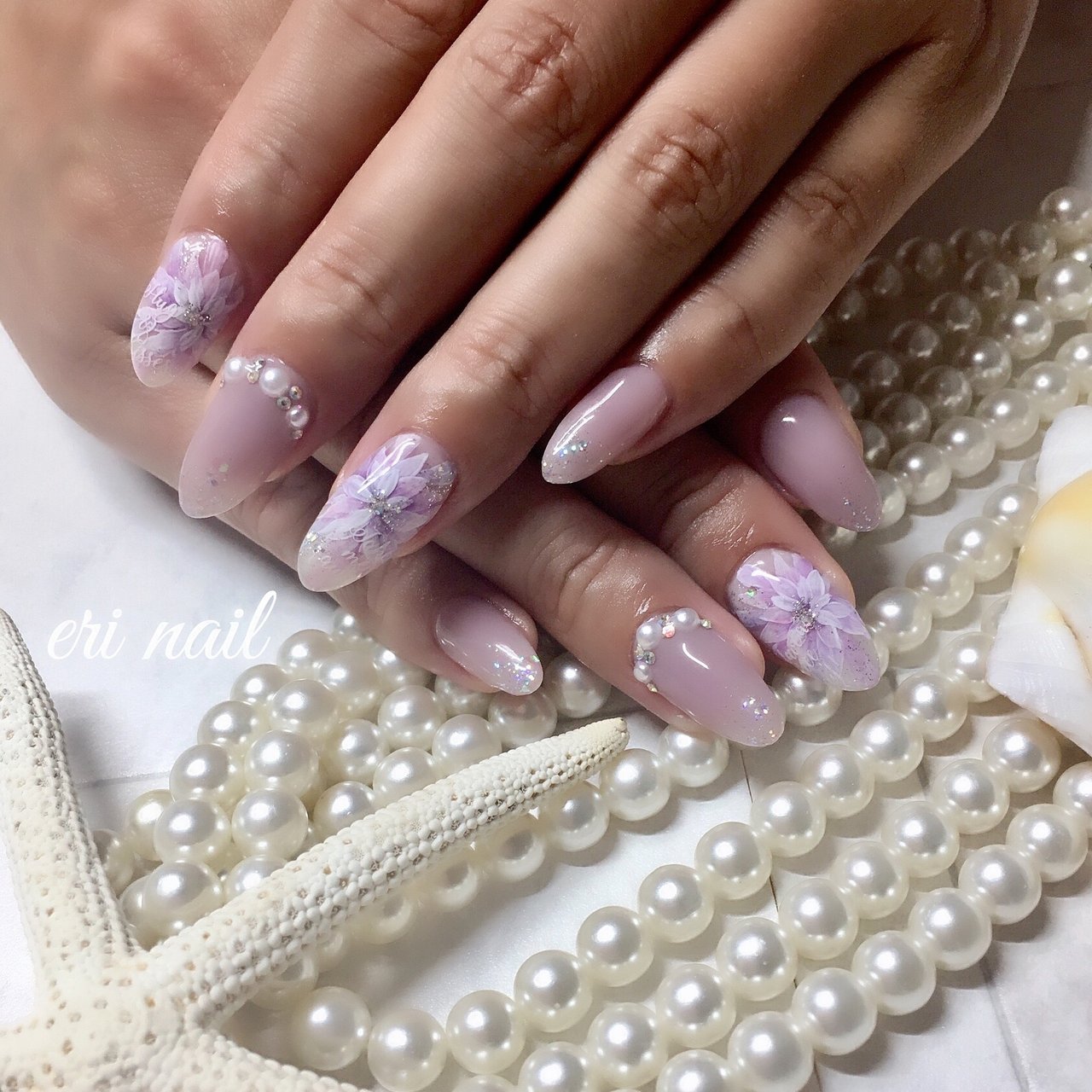 夏 ハンド フラワー ホワイト パープル 名古屋市天白区 自宅ネイルサロン Eri Nailのネイルデザイン No ネイルブック