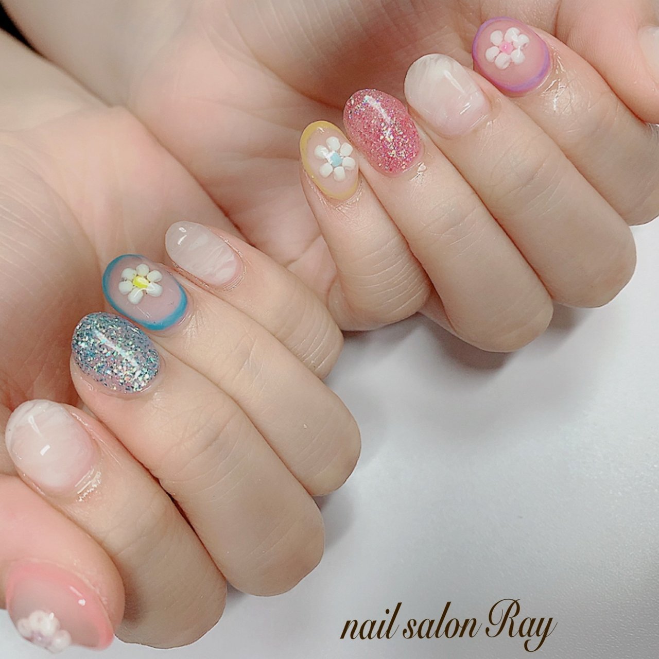 ビジュー フラワー くりぬき アーガイル ピンク Nailsalonray のネイルデザイン No ネイルブック