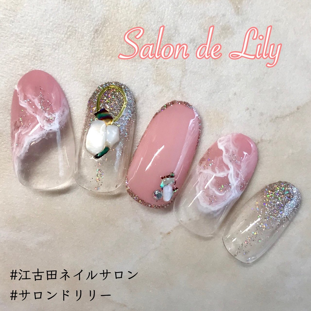 夏 オールシーズン ラメ シェル 大理石 Salondelilyのネイルデザイン No ネイルブック