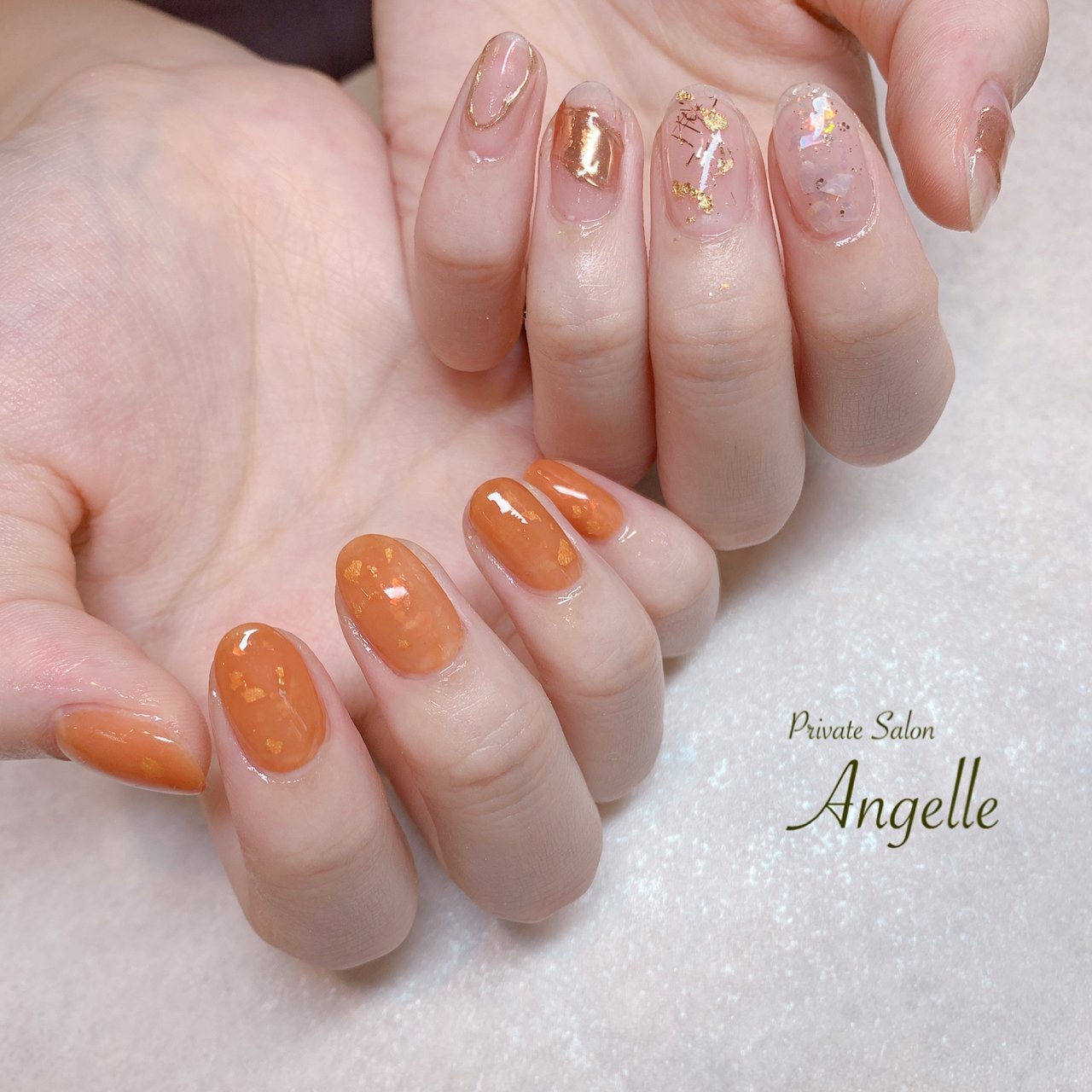 夏 ハンド ホワイト オレンジ ゴールド Nailsalonangelleのネイルデザイン No ネイルブック