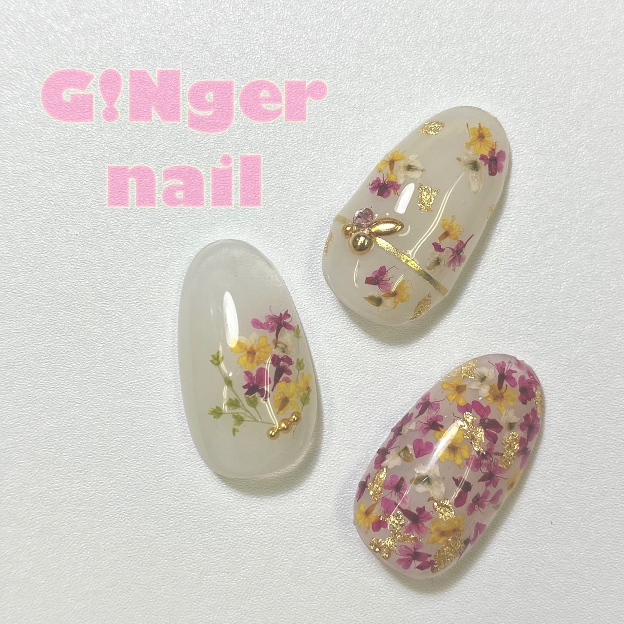 ハンド フラワー ボタニカル 押し花 ホワイト Ginger Nail 代々木 ジンジャーネイルのネイルデザイン No ネイル ブック