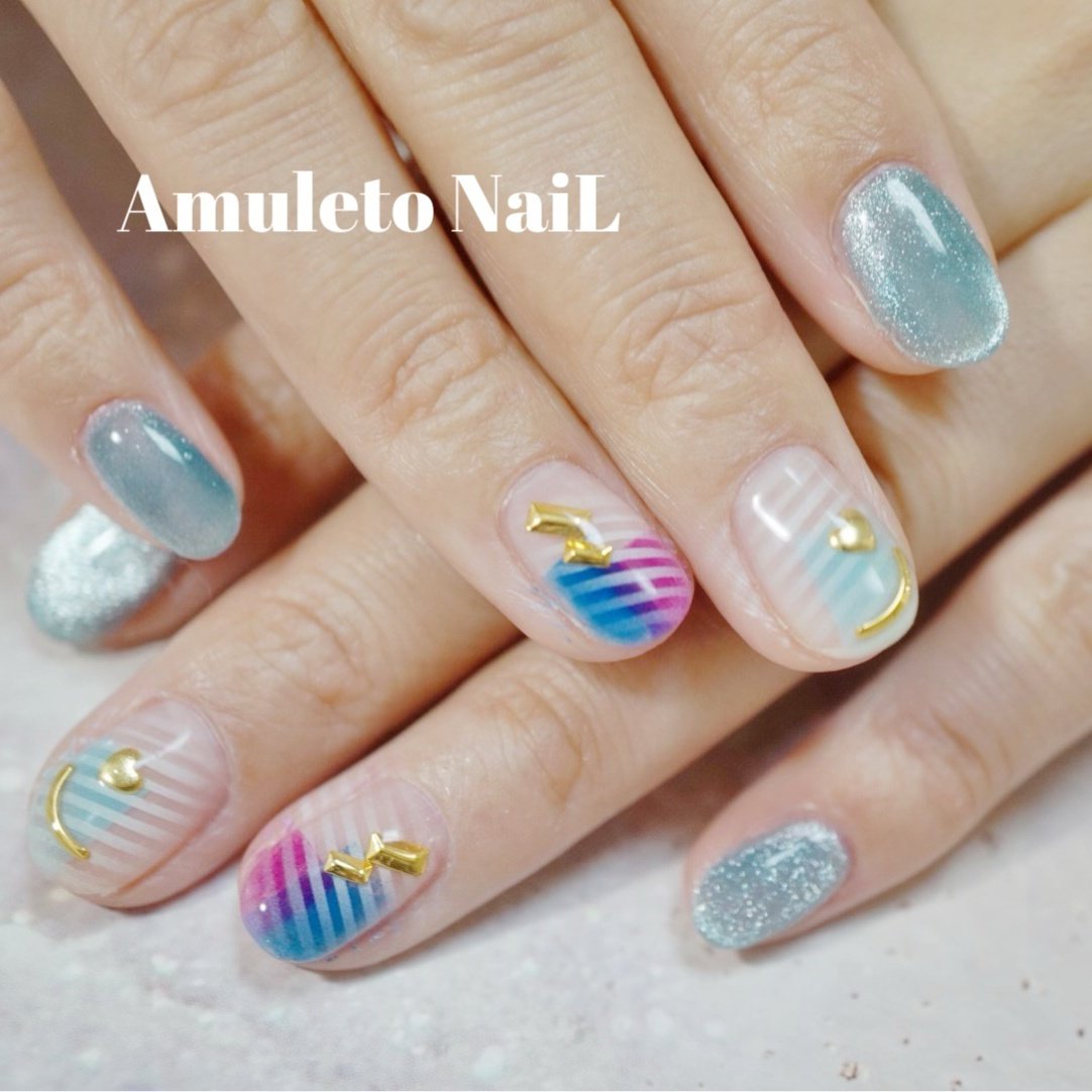 オールシーズン ハンド ターコイズ 水色 カラフル Amuleto Nailのネイルデザイン No ネイルブック