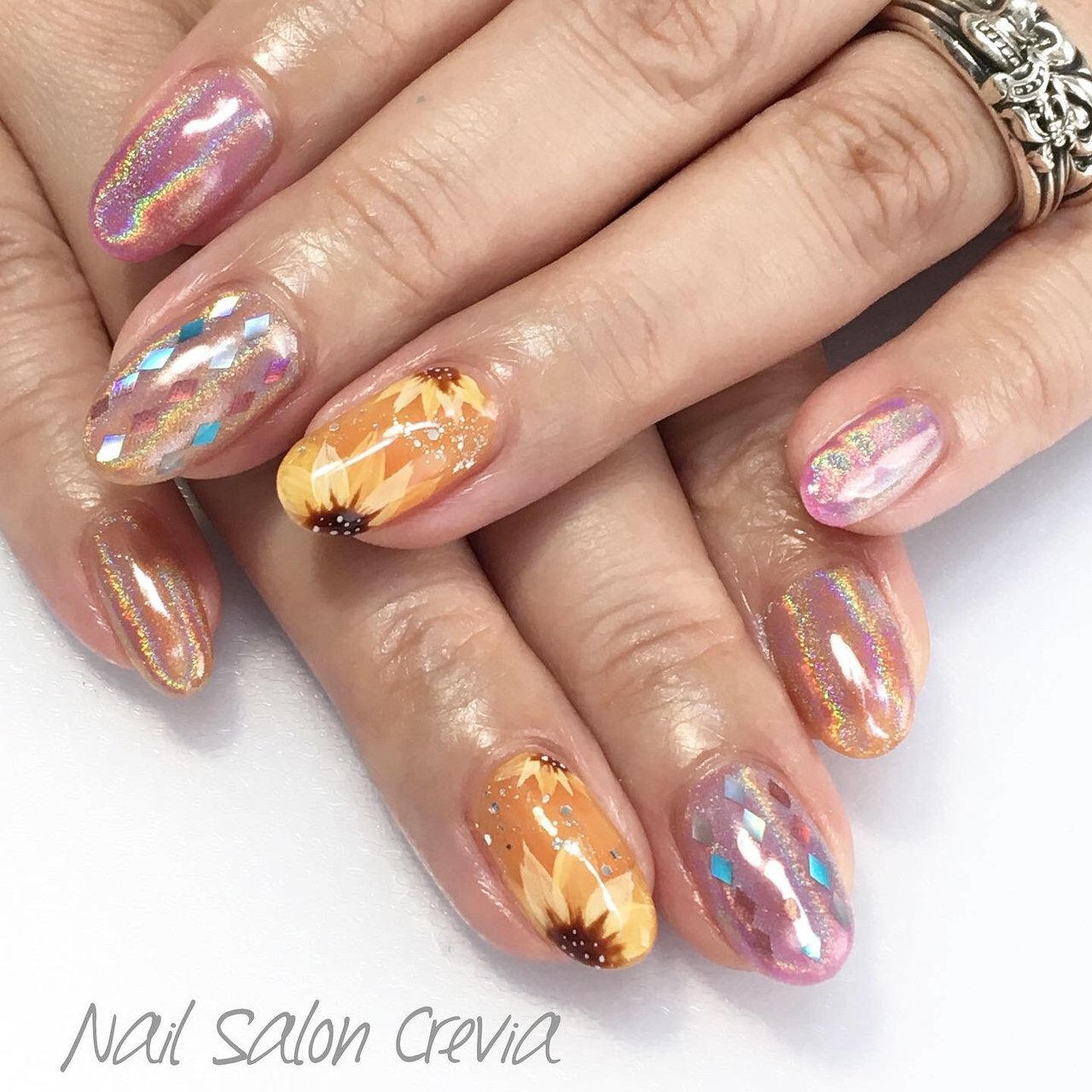 夏 ハンド ホログラム フラワー ユニコーン Nail Salon Creviaのネイルデザイン No ネイルブック