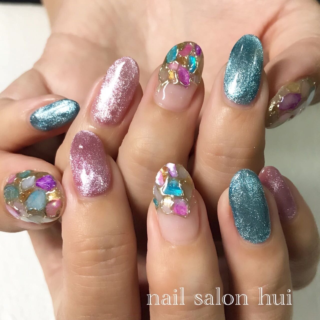 夏 ハンド ピンク 水色 ジェルネイル Nailsalon Huiのネイルデザイン No ネイルブック