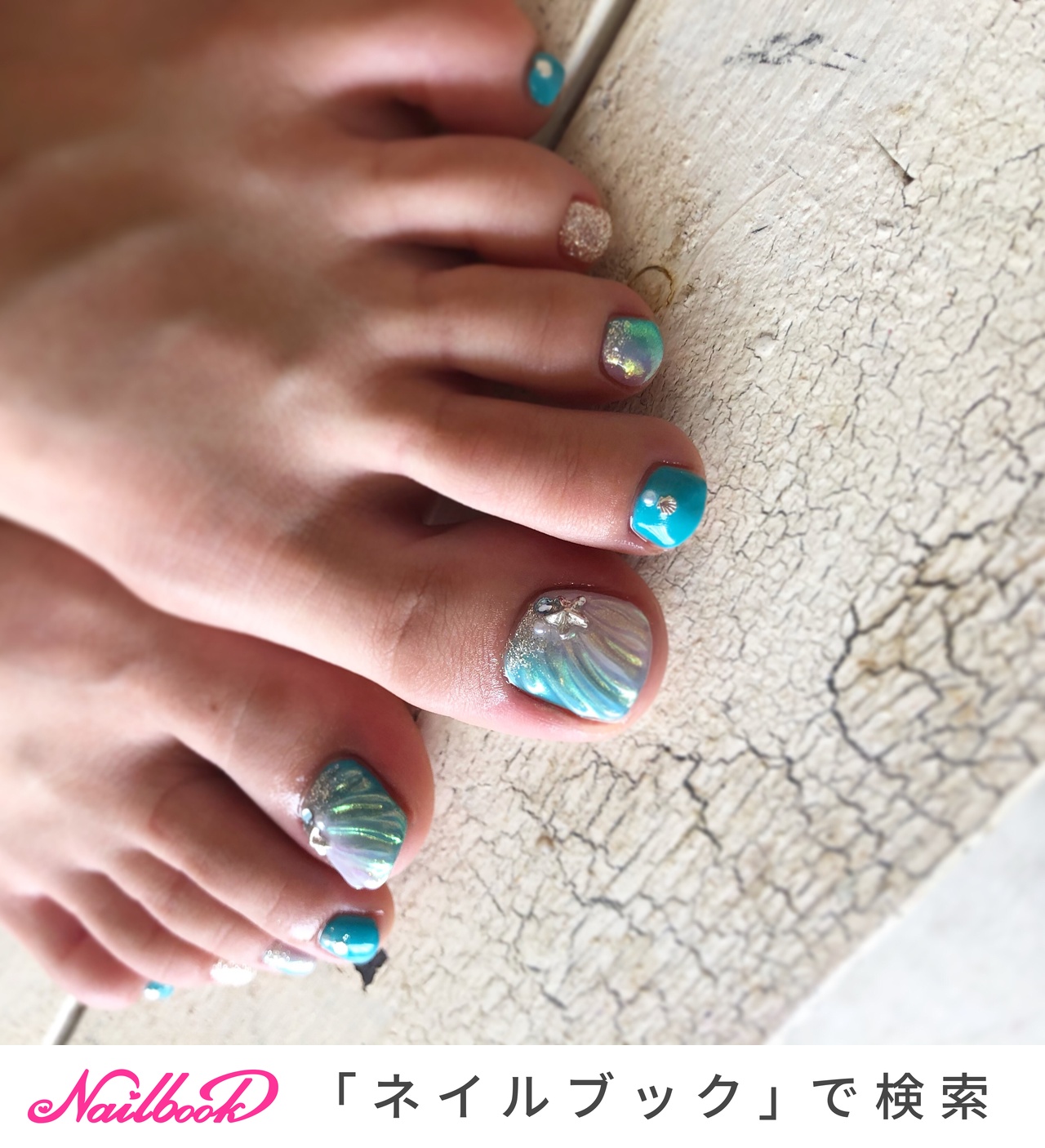 フット グラデーション 人魚の鱗 ショート ターコイズ 宮城県 石巻 ロージーネイル Rosy Nail Pupuu Rosyのネイル デザイン No ネイルブック