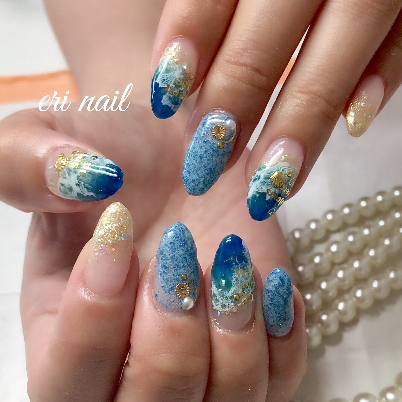 夏 ハンド 水色 ブルー ゴールド 名古屋市天白区 自宅ネイルサロン Eri Nailのネイルデザイン No ネイルブック