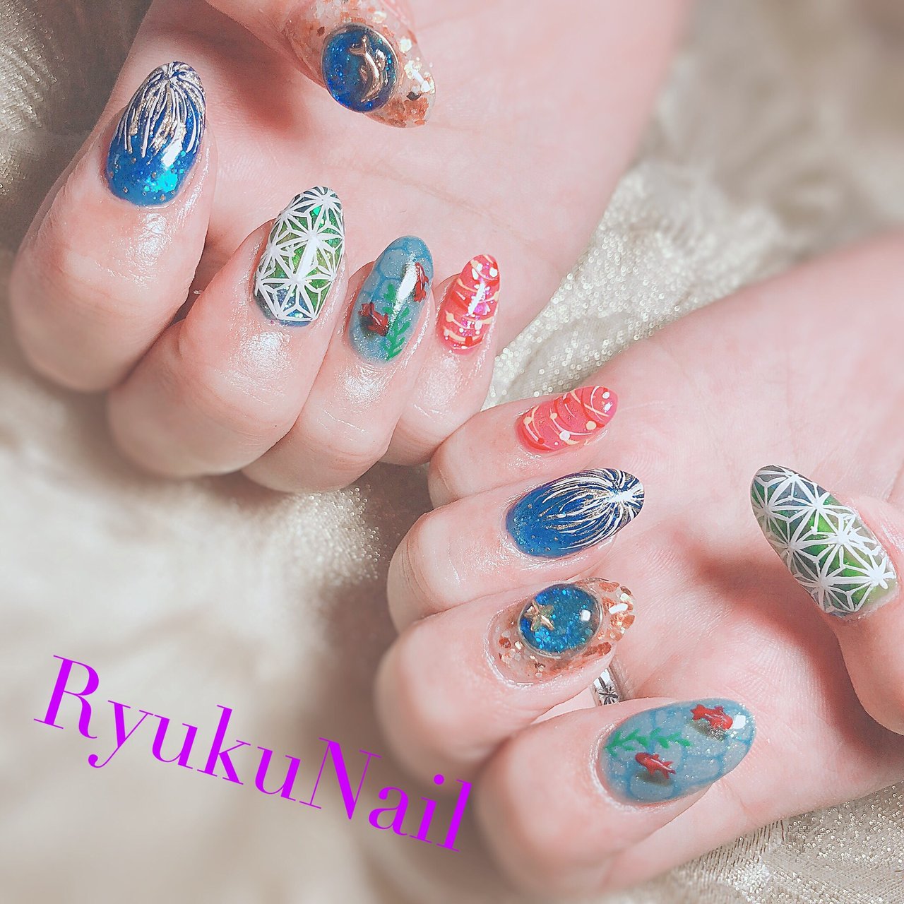 夏 海 浴衣 ハンド ホログラム Ryukunailのネイルデザイン No ネイルブック