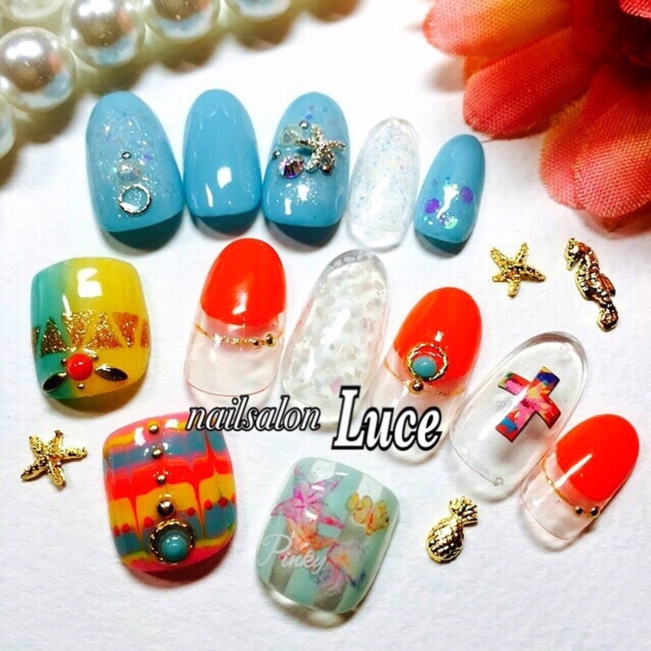 夏 マリン ビビッド ジェルネイル ネイルチップ Nailsalon Luceのネイルデザイン No ネイルブック