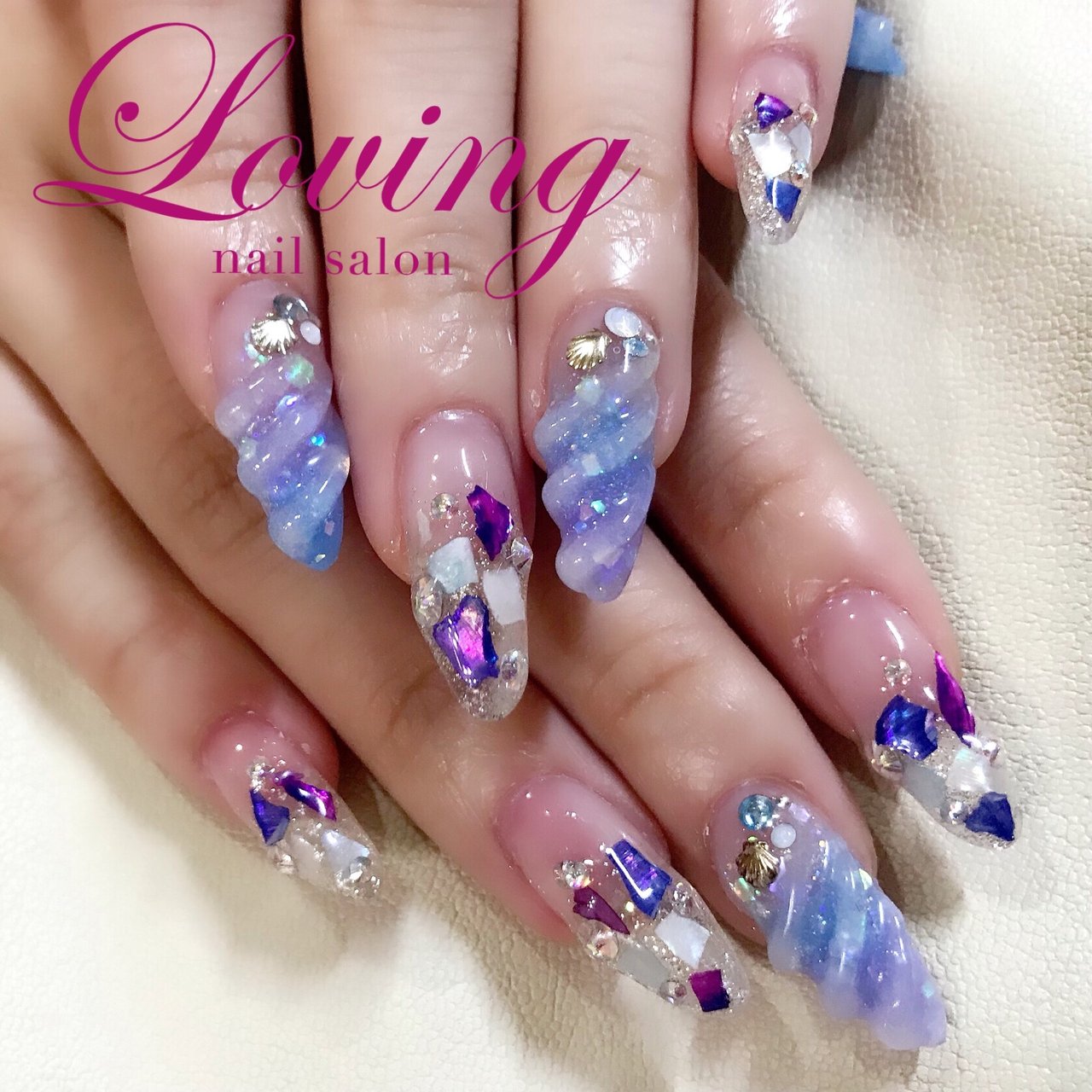 夏 ハンド シェル ロング ブルー Lovingのネイルデザイン No ネイルブック