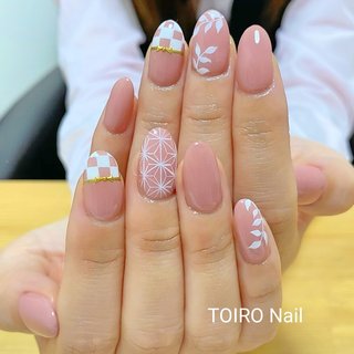 #お客様ネイル #TOIRONail #香川ネイル #東かがわ市ネイル #東かがわ市 #麻の葉模様 #市松模様 #禰豆子ネイル #鬼滅の刃ネイル #春 #浴衣 #女子会 #ハンド #キャラクター #ボタニカル #和柄 #ミディアム #ホワイト #ピンク #ゴールド #ジェルネイル #お客様 #TOIRO_Nail #ネイルブック